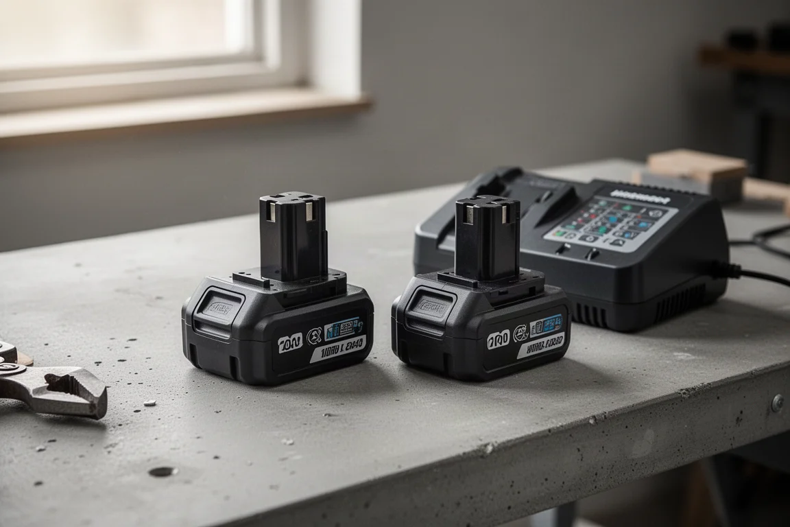 Batteries charging on a workshop bench
