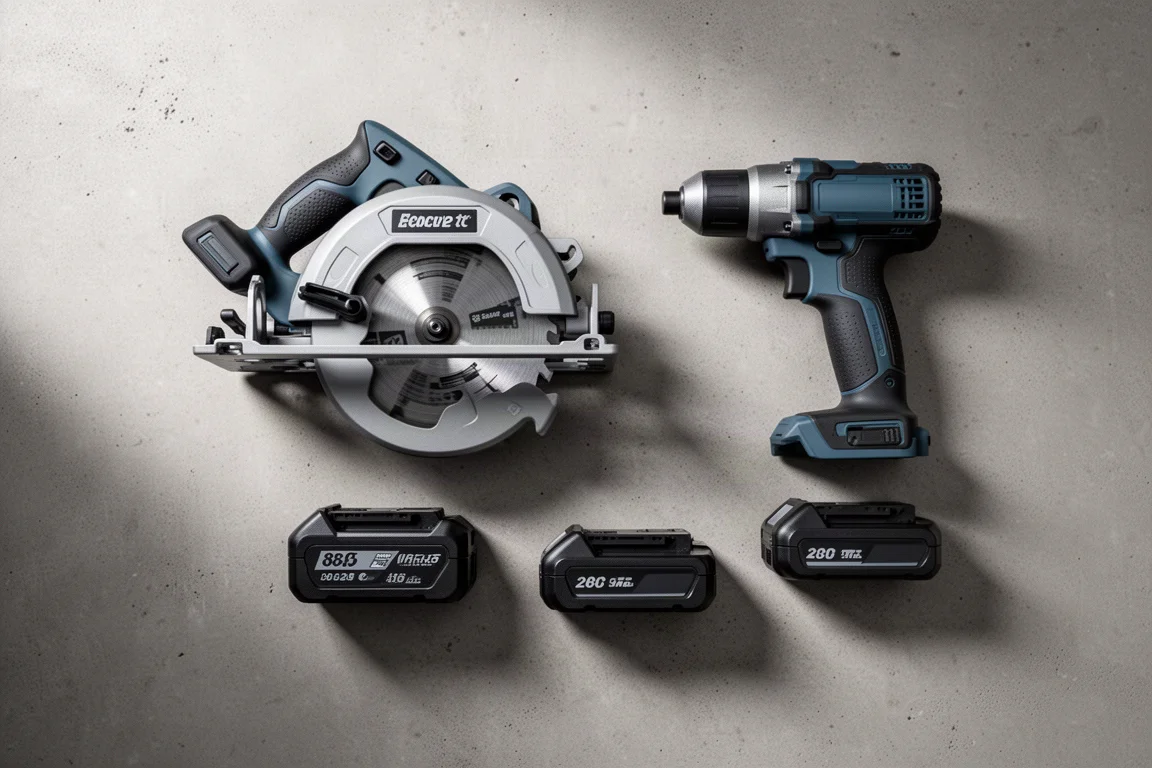 Circular saw and impact driver laid out with battery packs