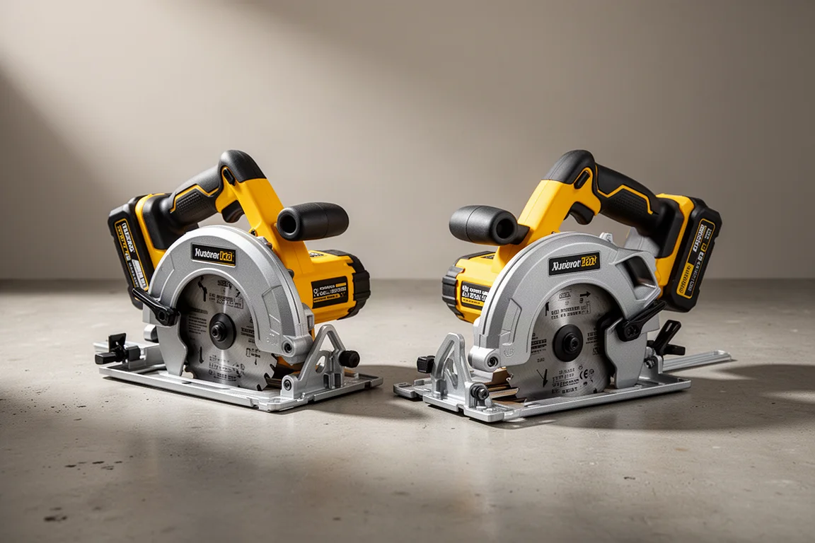 Two DeWalt-style cordless circular saws side by side on a concrete surface