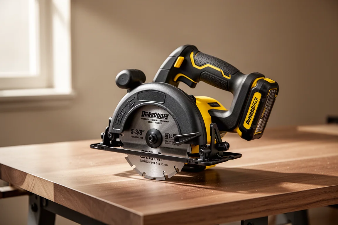 Compact cordless circular saw on a brushed wood workbench