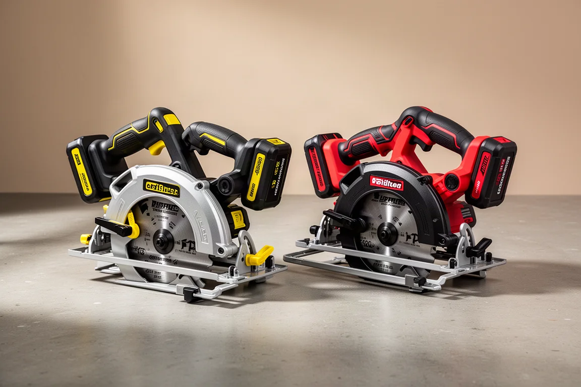 Two cordless circular saws side by side on a concrete workshop floor