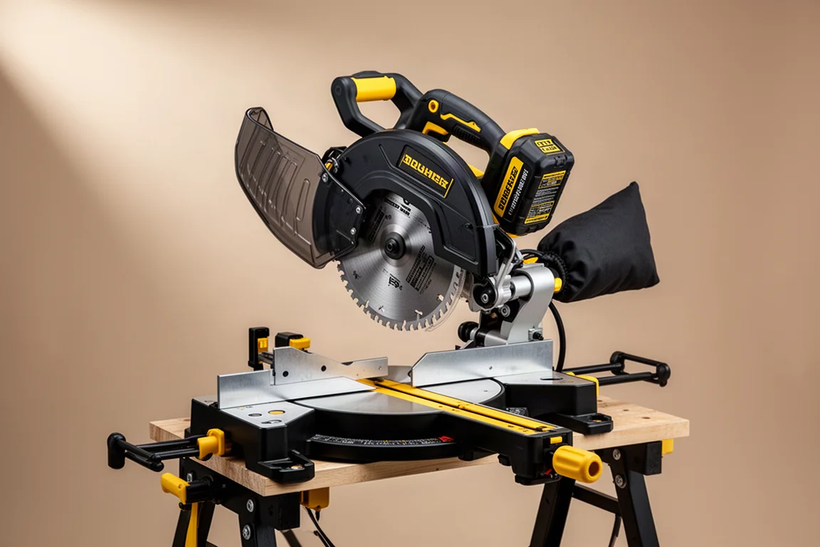 DeWalt 10-inch XR cordless miter saw on a workshop stand against a neutral backdrop