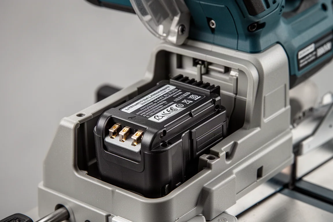 Primo piano di una singola batteria da 60V inserita nella base di una sega troncatina