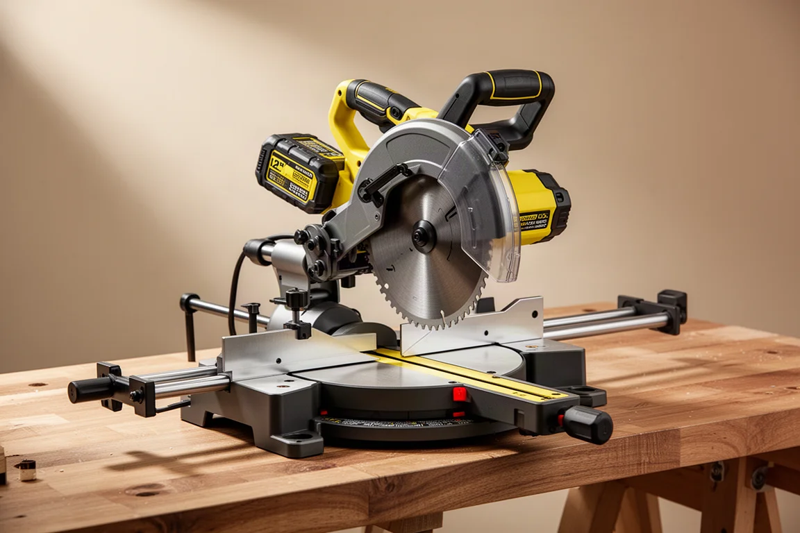 Cordless 12-inch miter saw on a wood workshop bench