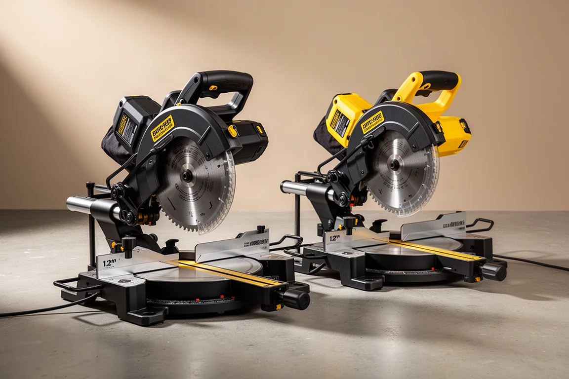 Two DeWalt 12-inch sliding miter saws side by side on a workshop floor