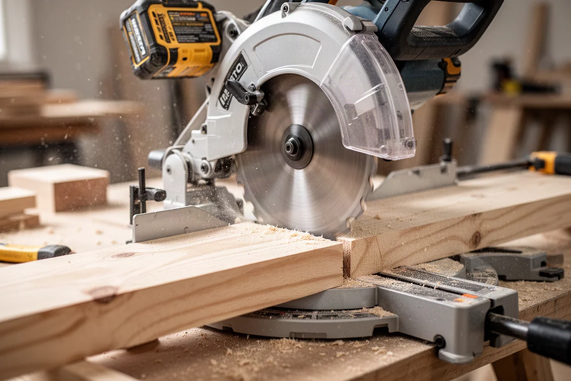 Close-up of a cordless miter saw blade cutting through lumber on a job site