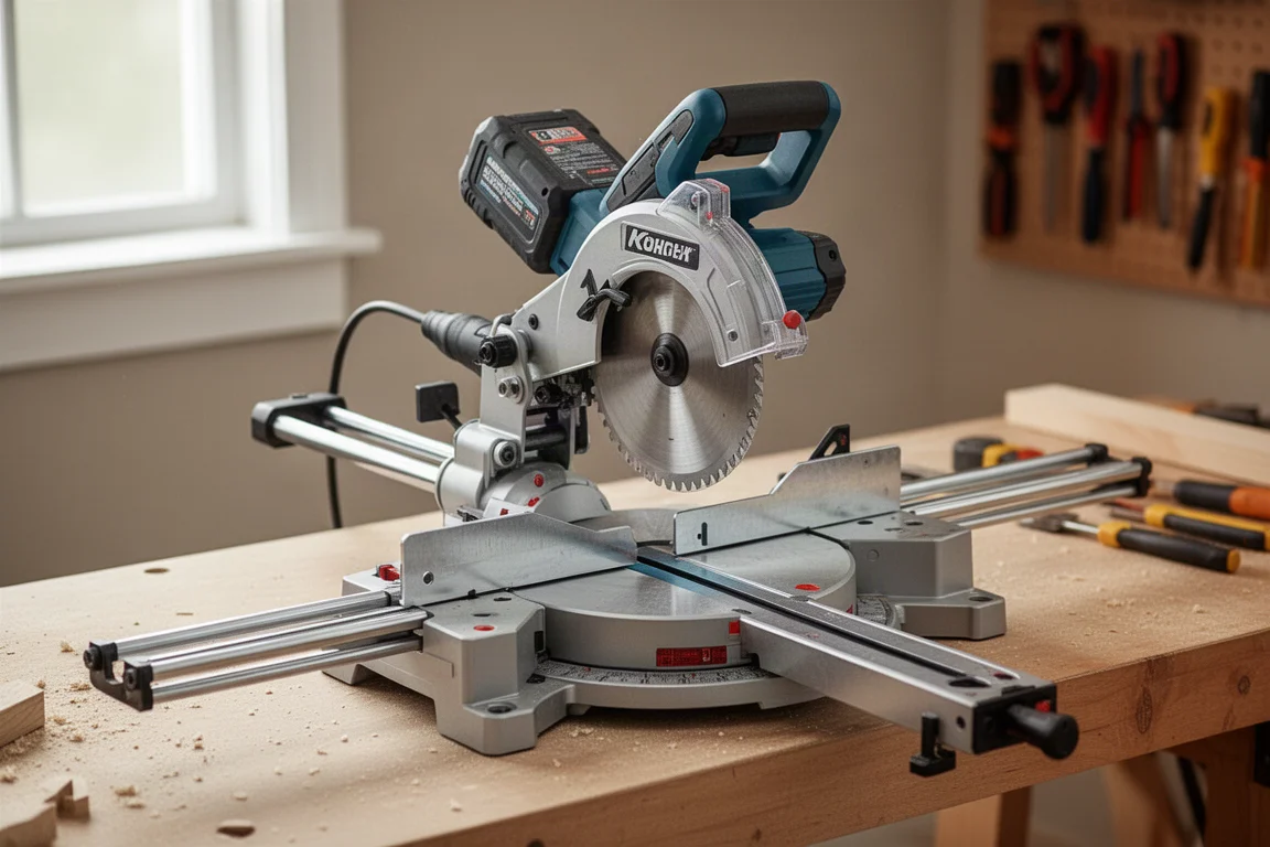 Cordless miter saw with sliding rails extended at full reach on a workbench