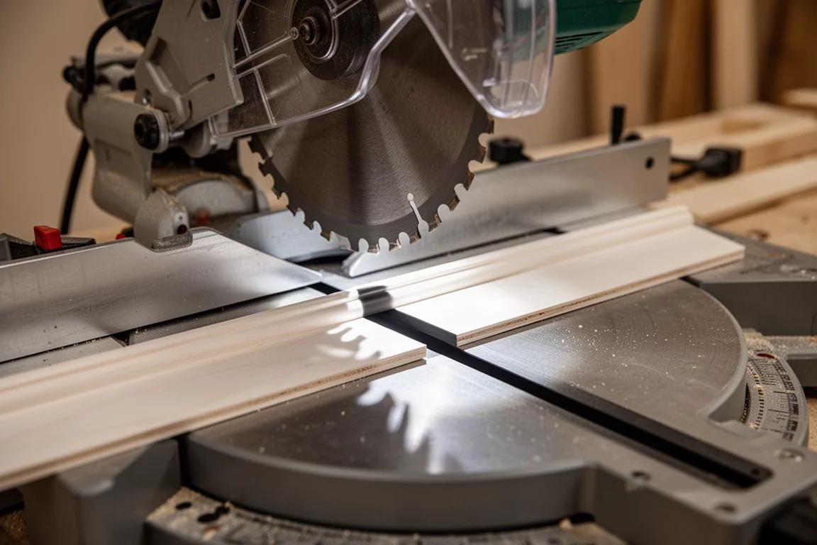 LED shadow line cast by a miter saw blade onto a piece of trim on the cutting table