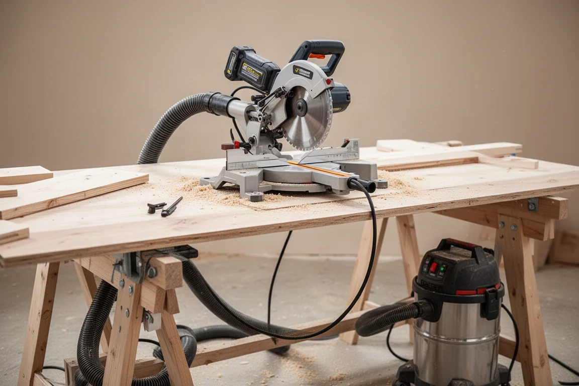 Miter saw connected to a shop vacuum via a dust collection hose on a job site