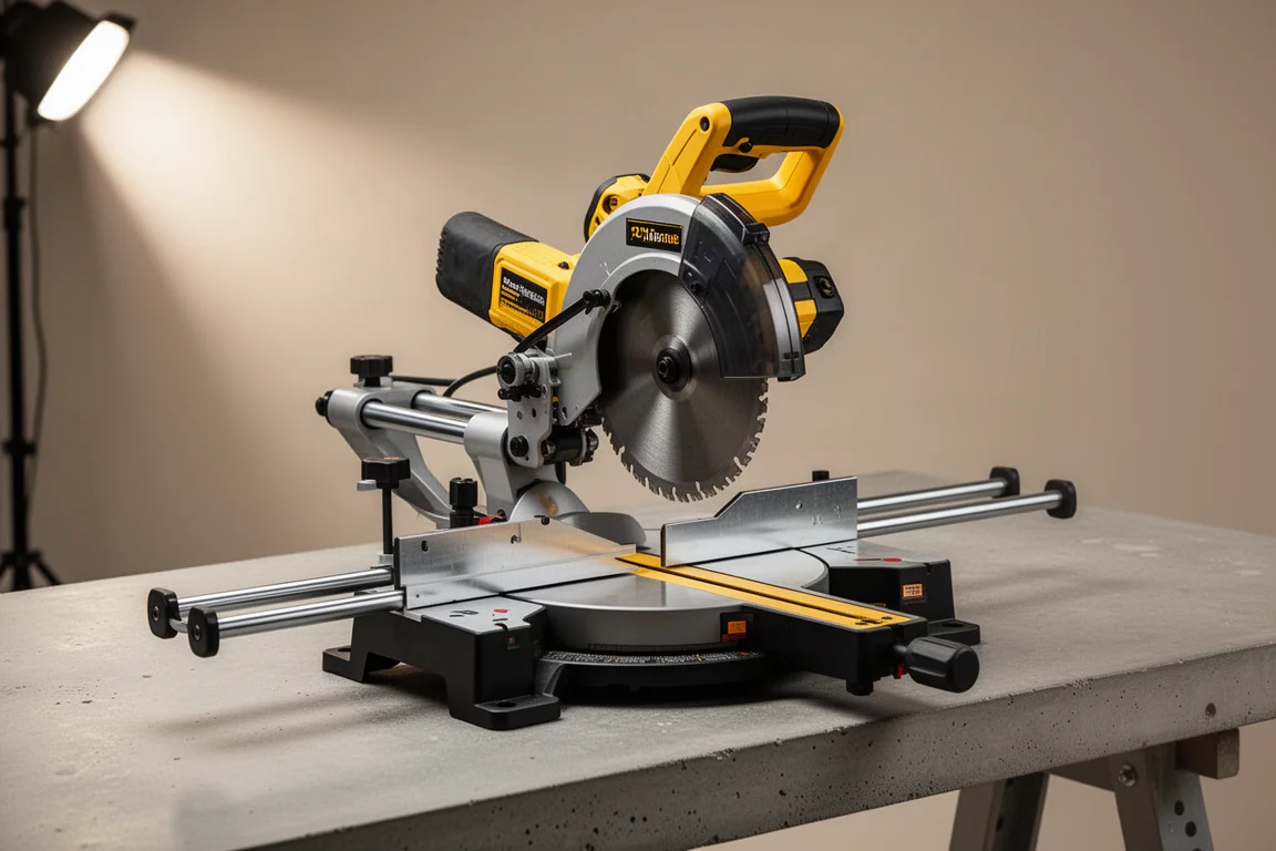 Sega tronchese scorrevole a batteria DeWalt DCS785 da 12 pollici su un banco da officina