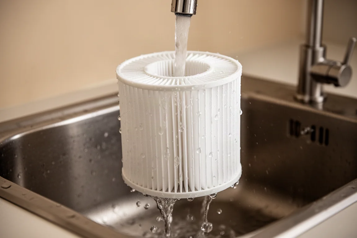 洗えるHEPAフィルターを温水でユーティリティシンクですすいでいる様子