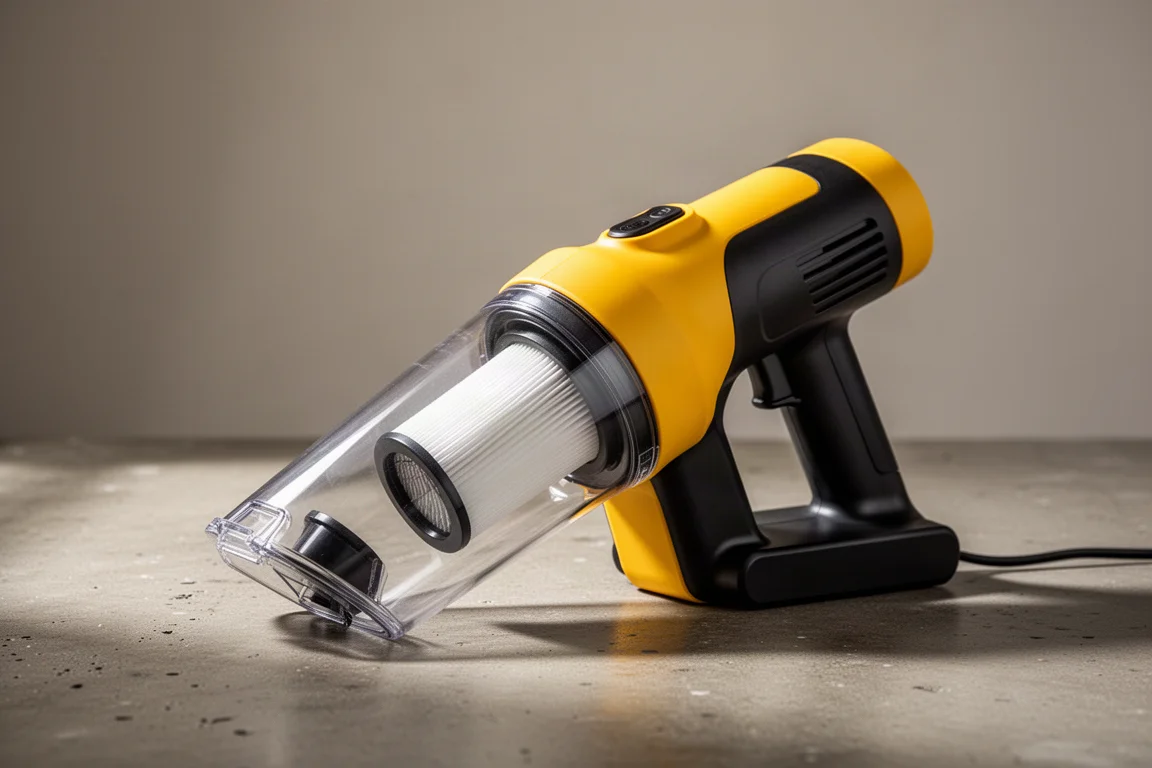 Compact handheld vacuum with visible HEPA filter on a concrete workshop surface