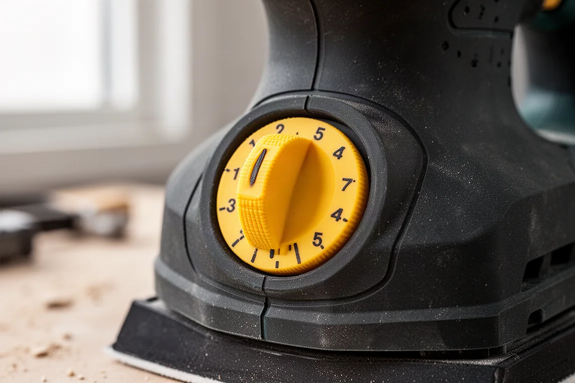 Primer plano del dial de velocidad frontal de una lijadora de hoja sin cables