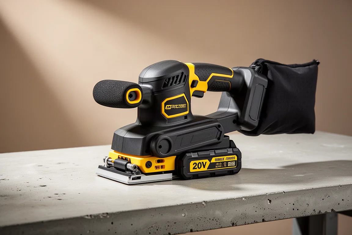 Cordless belt sander with dust bag and battery on a concrete workbench
