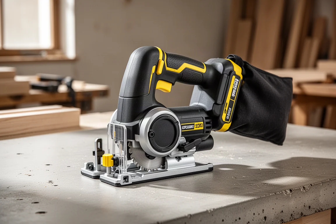 作業台の上に置かれたダストバッグ付きのDeWalt 20V Maxコードレスビスケットジョイナー