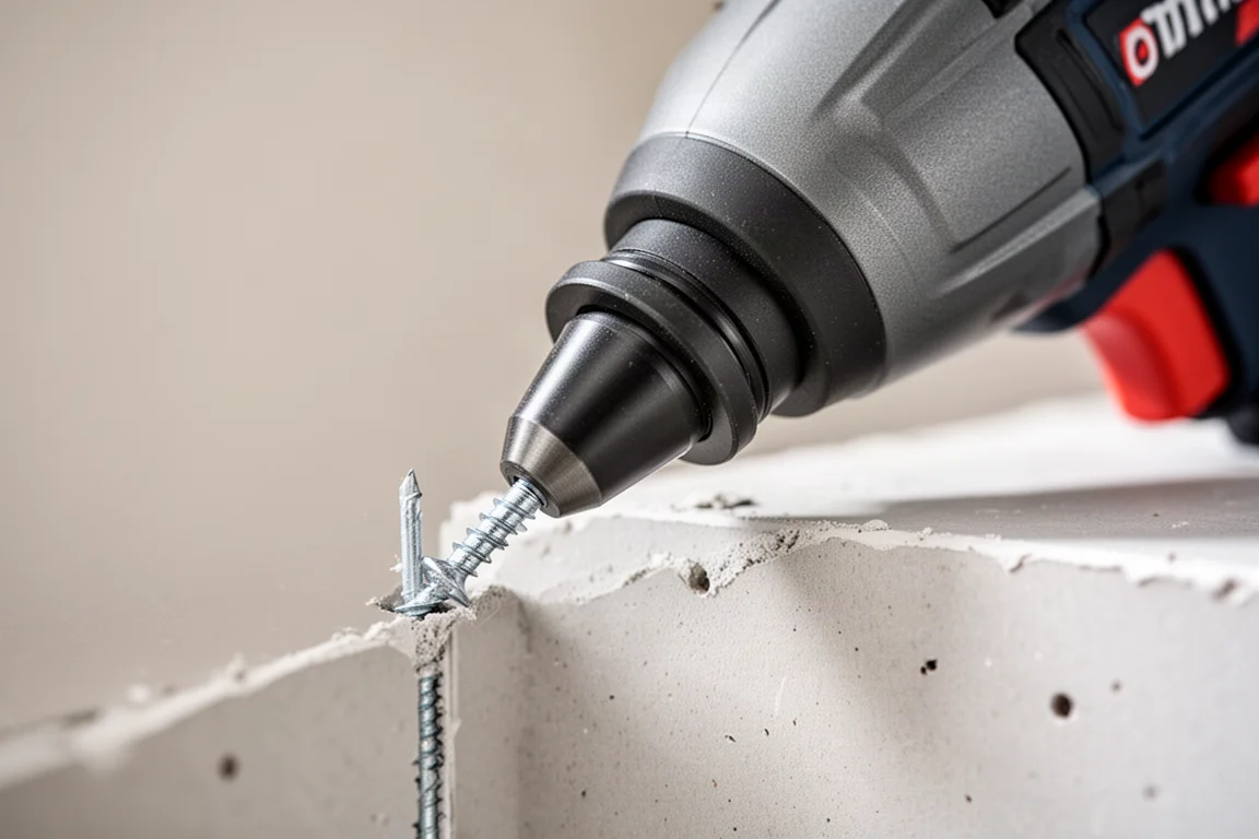 Close-up van een neuskegel van een schroefmachine die een schroef in gipsplaat draait