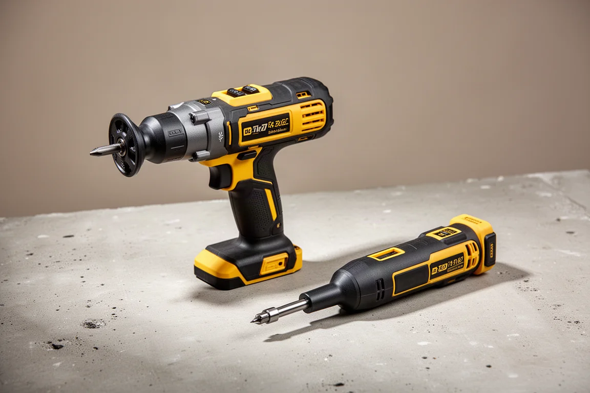 DeWalt droogbouw-schroefmachine en uitzagen-gereedschap naast elkaar op een betonnen oppervlak