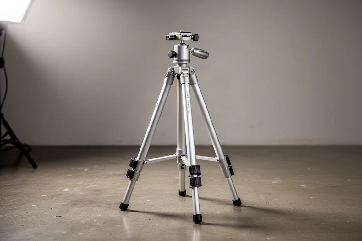 Lightweight aluminum tripod standing on a concrete workshop floor