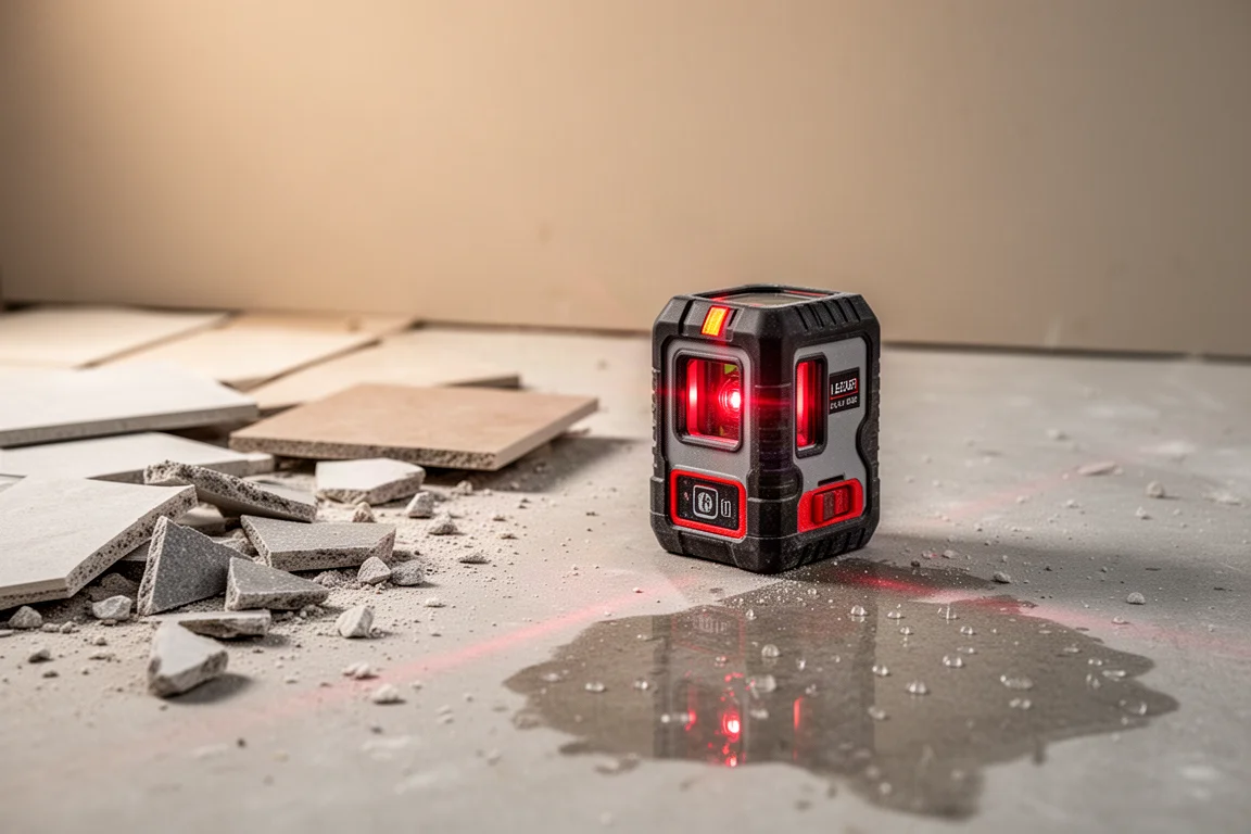 Lasernivellering på ett verkstadsgolv med damm och spill från kakelskärning i närheten