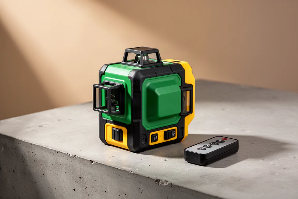 Compact green four-plane laser level and remote on a matte concrete surface