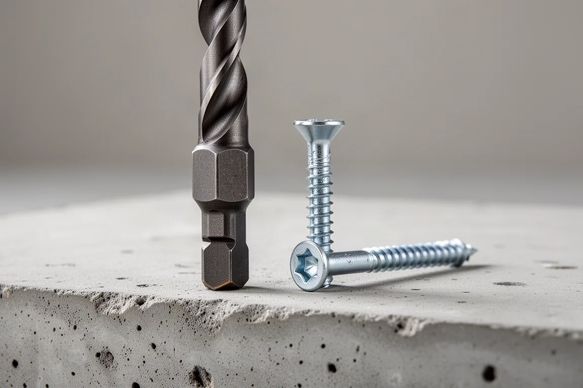 Broca de mampostería con resalite hexagonal junto a un tornillo Tapcon para verificar la profundidad