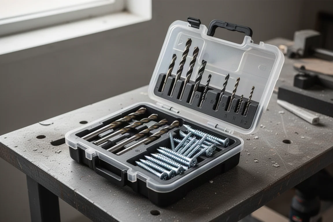 Estuche del kit de instalación abierto en un banco de trabajo con brocas y fijaciones organizadas