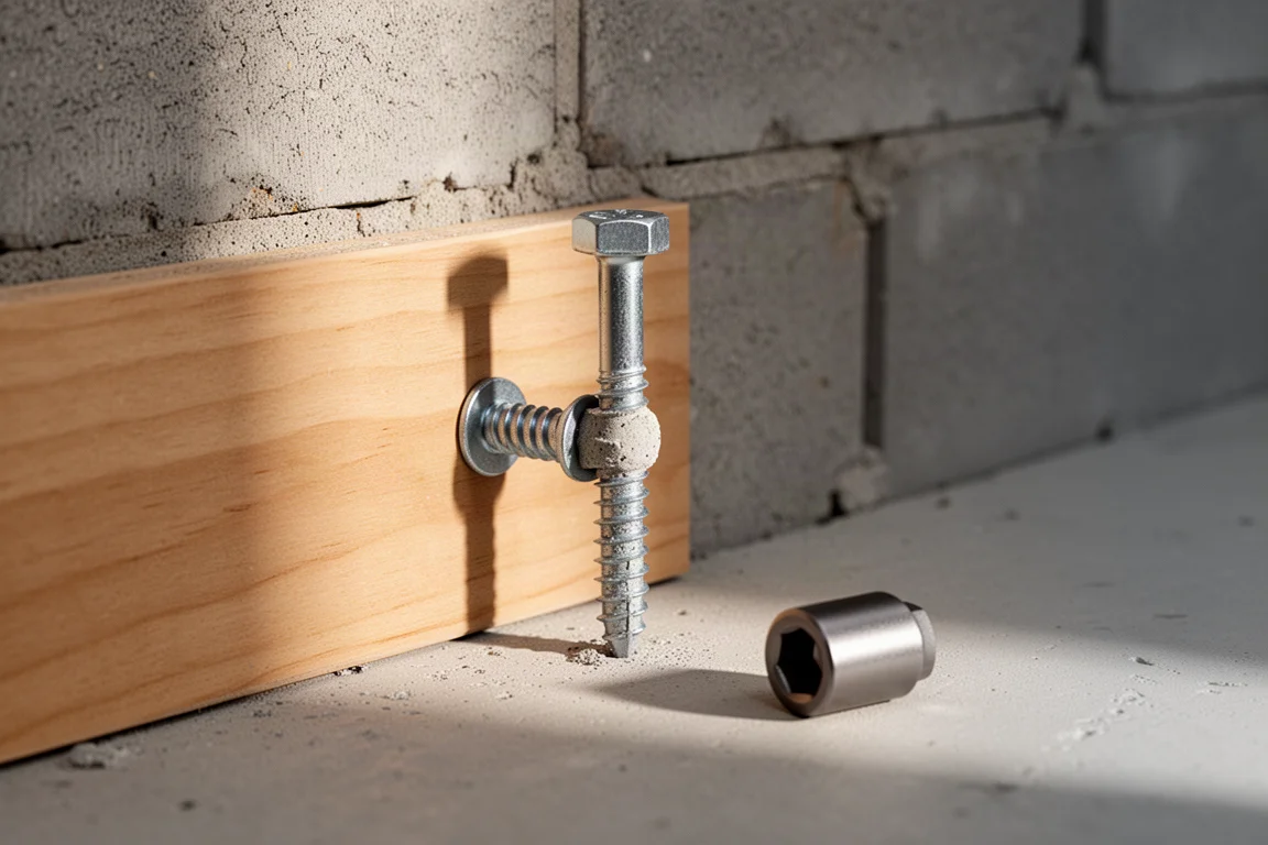 Fijación Tapcon de cabeza hexagonal asentada a ras en concreto con una tabla de madera fijada