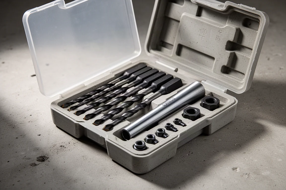 DeWalt UltraCon installation kit bits and drive sleeve arranged in an open case