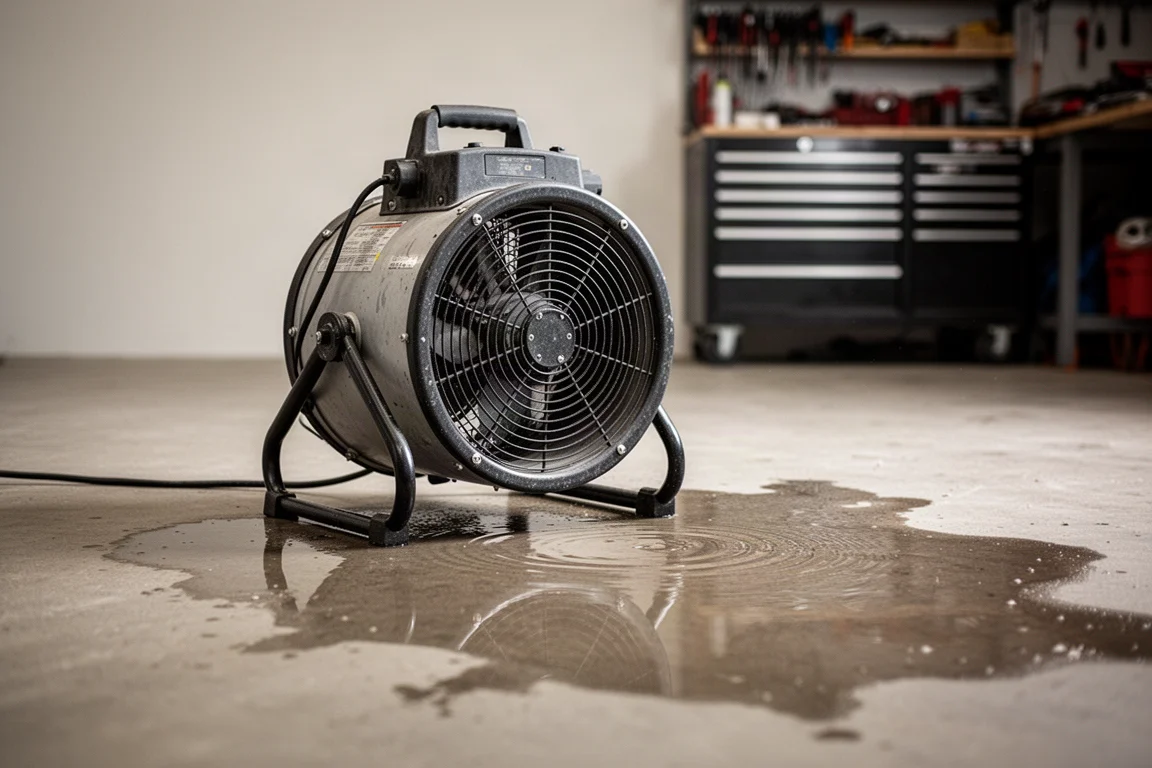 Air Mover auf nassem Betonboden in einer Werkstatt, der feuchte Stellen trocknet
