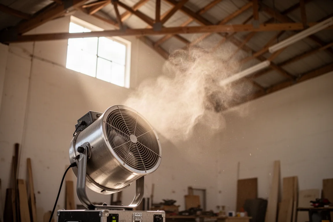 Air Mover nach oben geneigt, um warme Luft zur Werkstattdecke zu zirkulieren