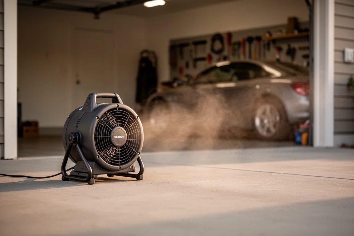 Air Mover läuft auf sauberem Garagenboden bei weichem Abendlicht