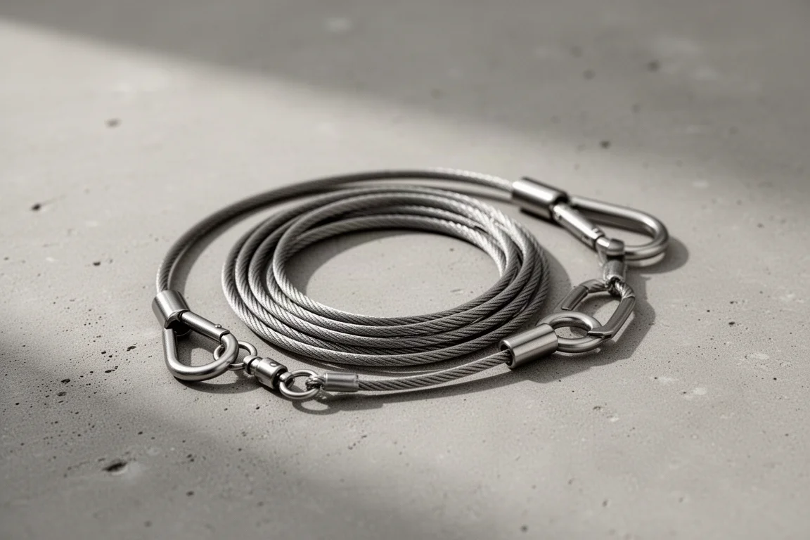 Cordini in acciaio inox con moschettoni girevoli avvolti su calcestruzzo