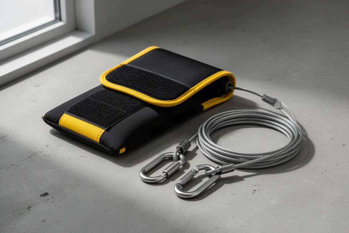 Kit DeWalt per metro a nastro con fondina elastica e cordino su superficie di calcestruzzo