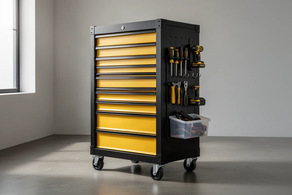 Rolling workshop cabinet with hooks, bin, and battery cleat on a concrete floor