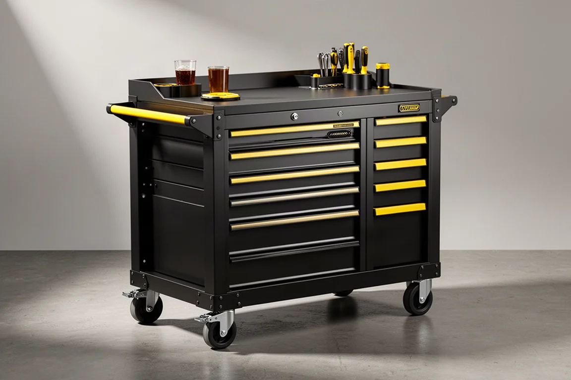 DeWalt DXL rolling tool workstation with drawers and worktop on concrete floor