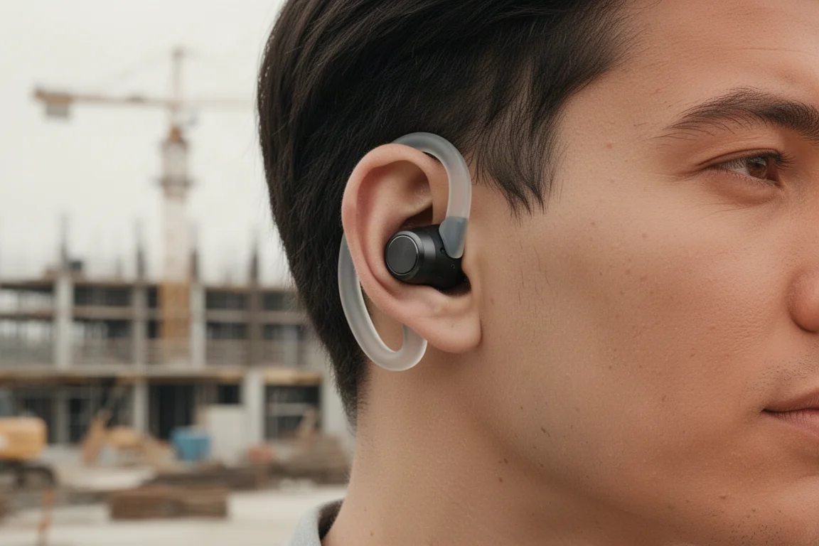 Transdutor de fone open-ear preso sobre uma orelha em um canteiro de obras