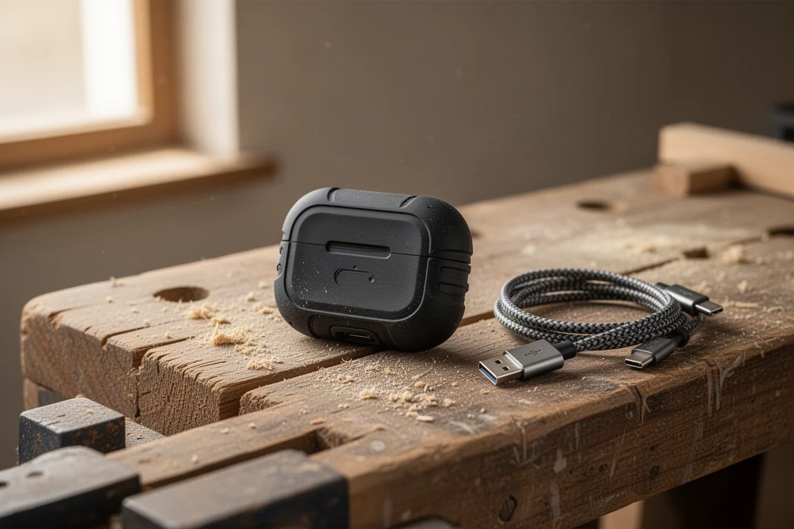Estojo de carregamento emborrachado com cabo USB-C sobre uma bancada de madeira