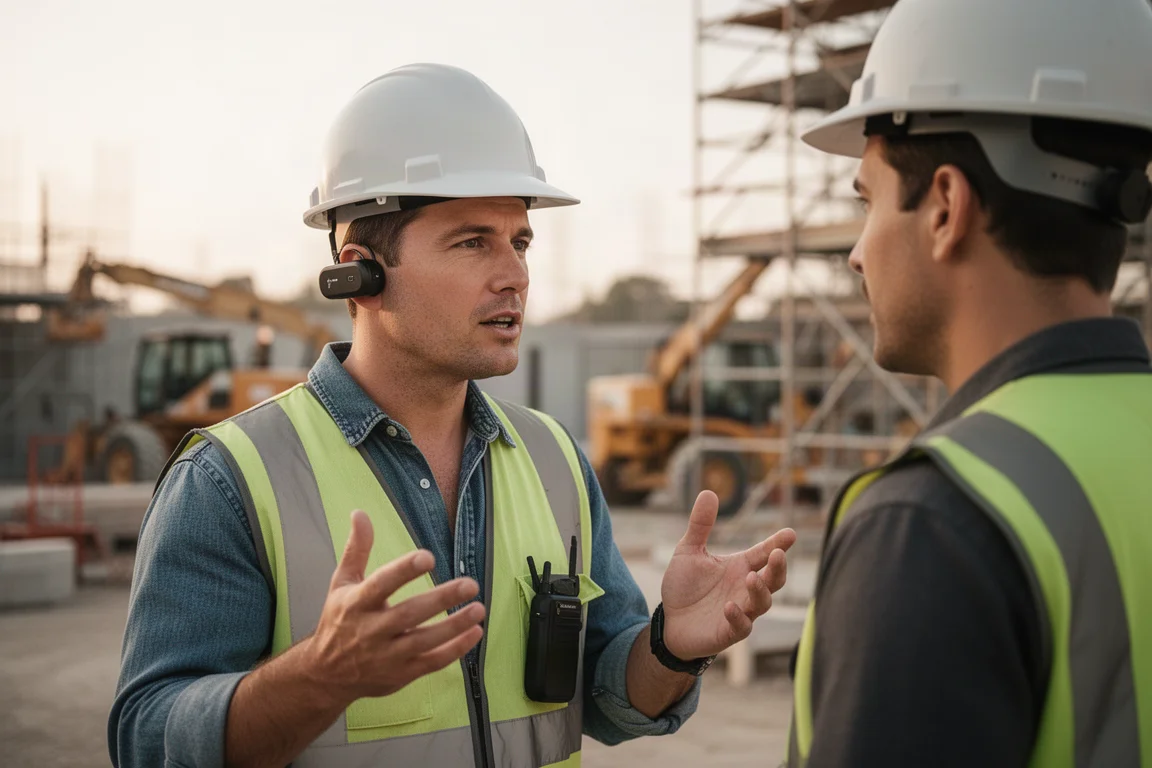 Trabalhador usando fones open-ear enquanto conversa com um colega no canteiro de obras