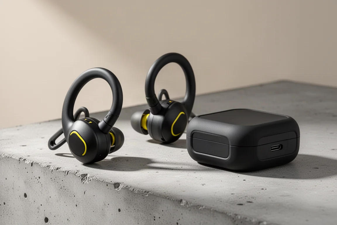 Over-the-ear open-ear wireless headphones with charging case on concrete surface