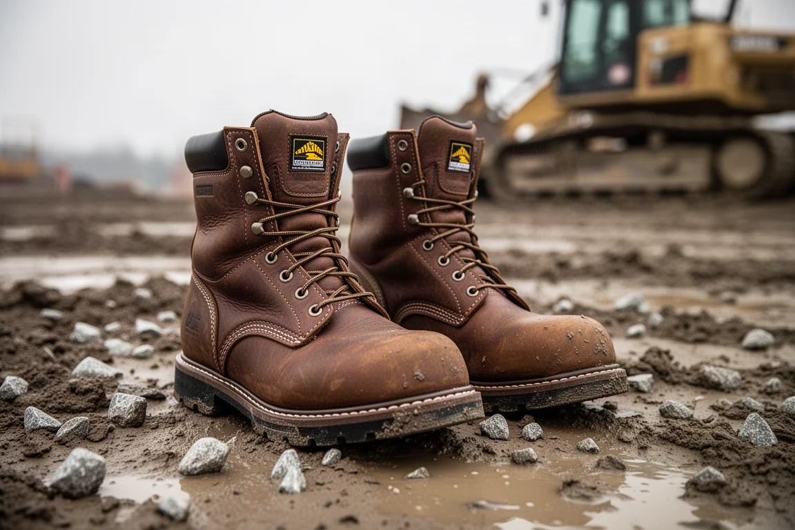 Scarpe antinfortunistiche con punta in acciaio su un cantiere fangoso
