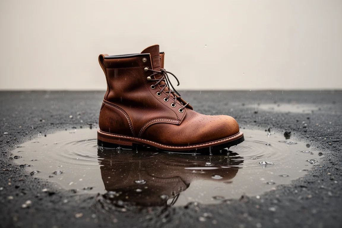 Scarpa da lavoro in una pozzanghera poco profonda su terreno bagnato