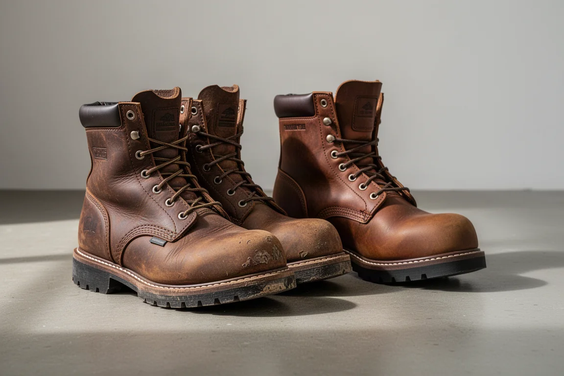 Two pairs of brown steel toe work boots on a concrete floor