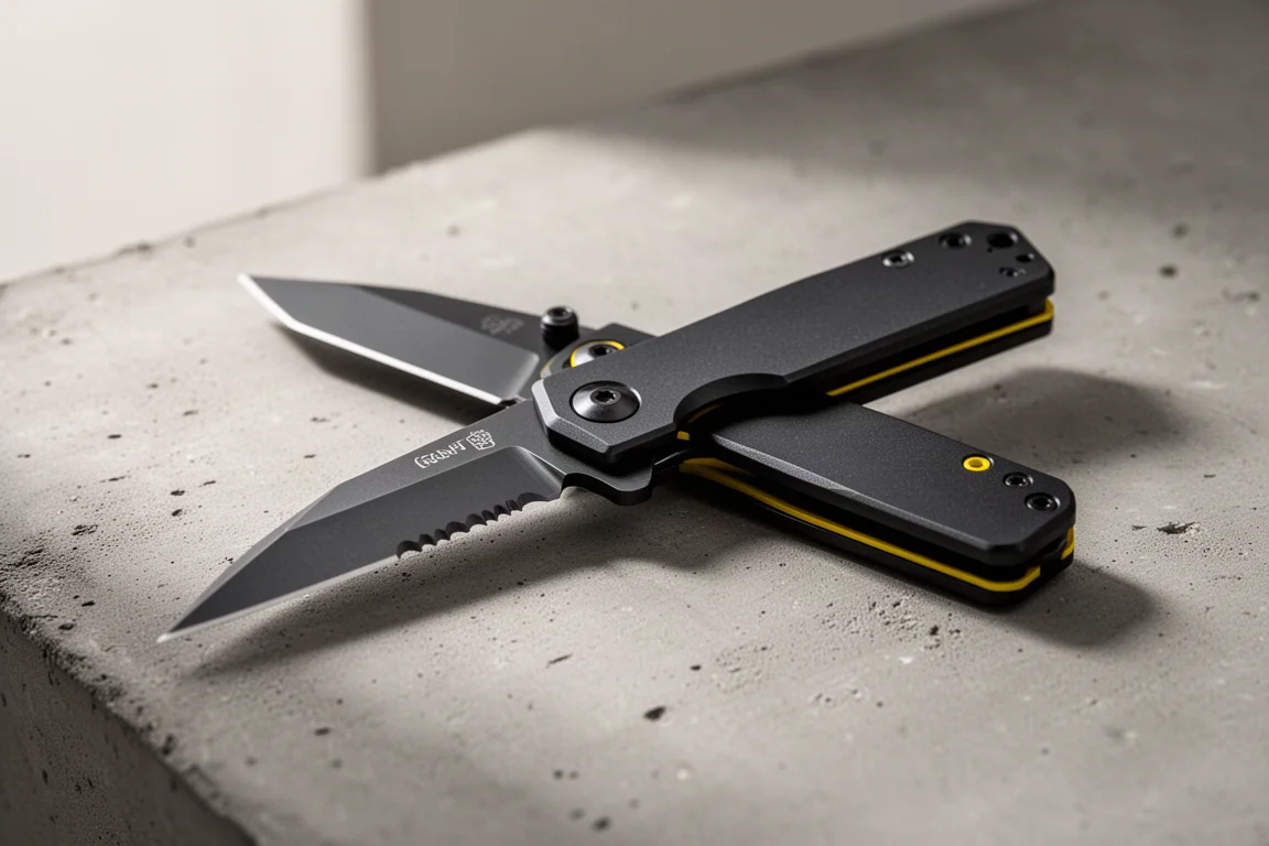 Couteau de poche pliant avec manche noir et accents jaunes sur du béton