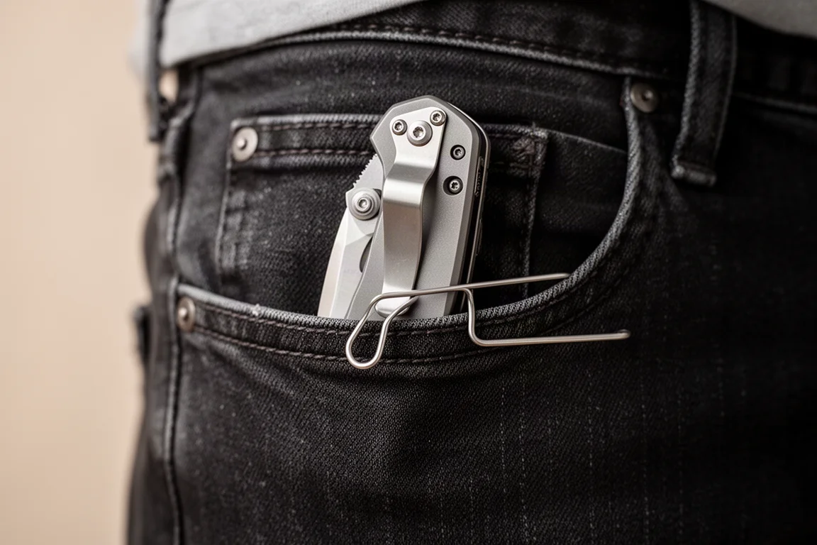 Clip du couteau de poche porté bas dans une poche de jean