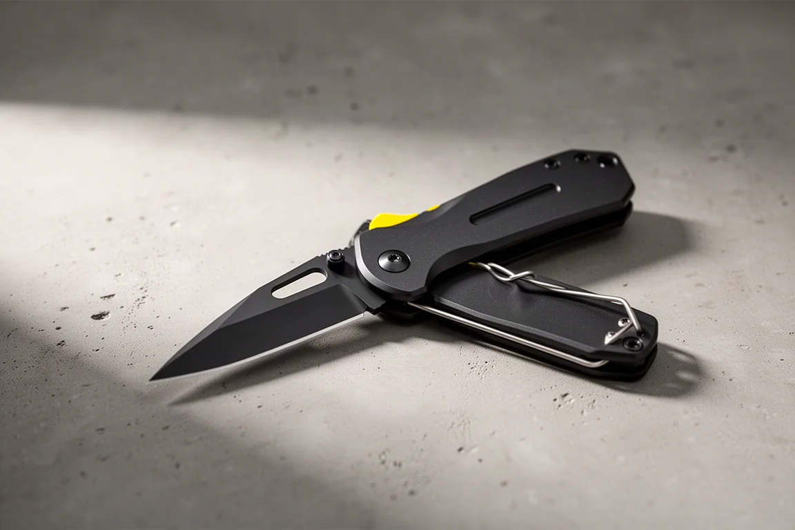 Coltello pieghevole da tasca con manico in alluminio nero e dettaglio giallo su cemento