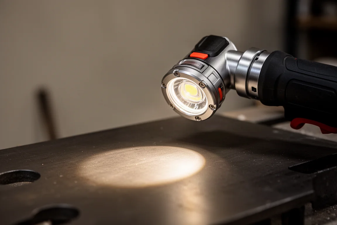 Lumière LED en tête d'un embout d'angle projetant un faisceau ciblé sur une pièce