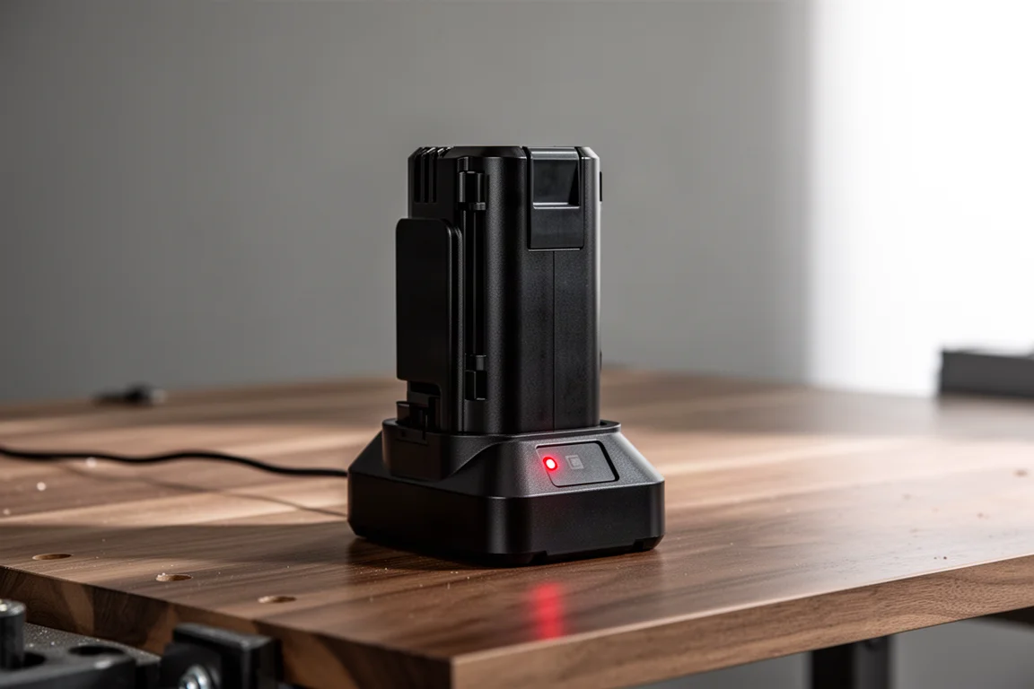 Batterie de tronçonneuse noire et chargeur sur un établi d'atelier