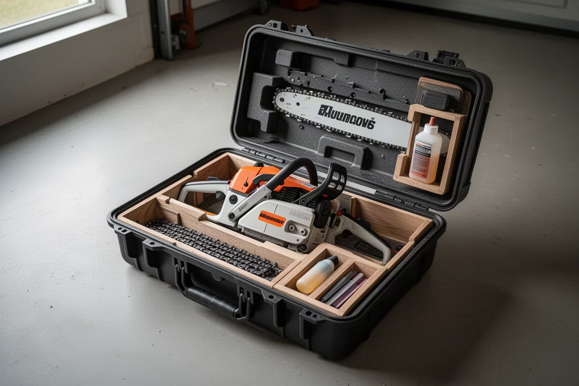 Valise de rangement de tronçonneuse ouverte sur le sol d'un garage, outils rangés proprement