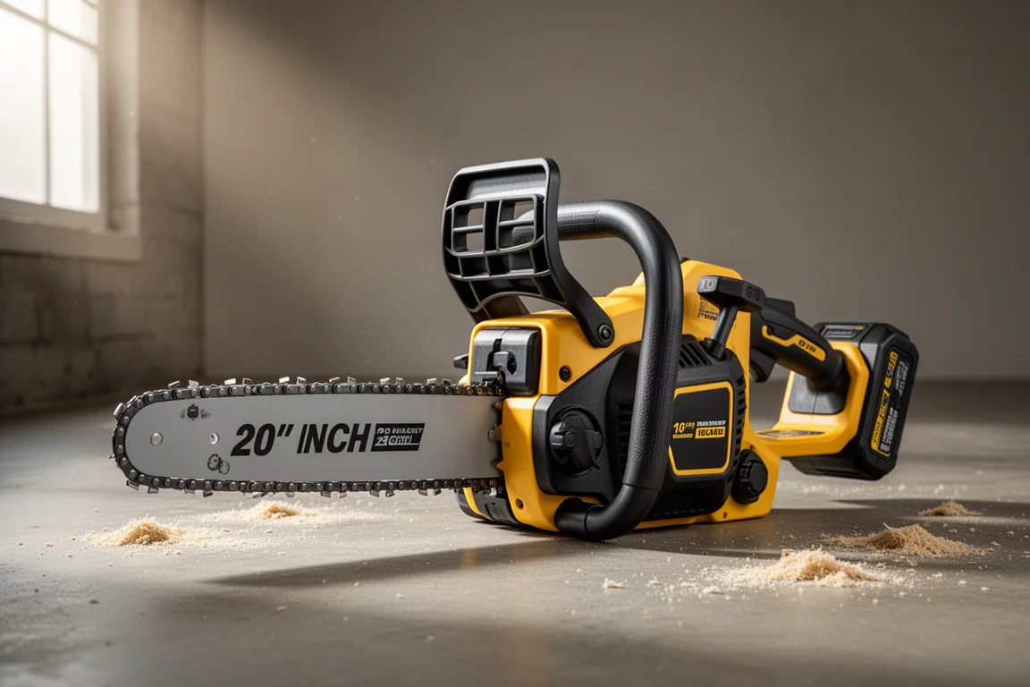 DeWalt FlexVolt 60V cordless chainsaw with 20-inch bar on concrete floor