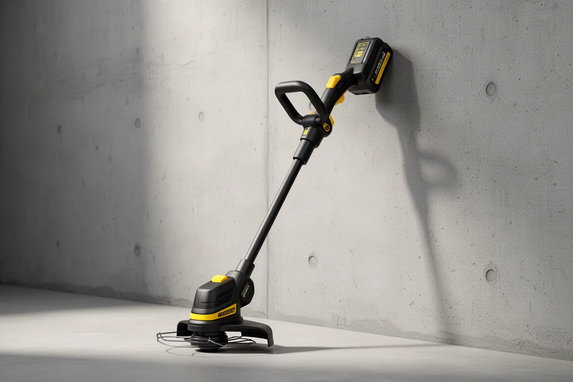 Cordless string trimmer standing against a concrete wall with battery pack attached